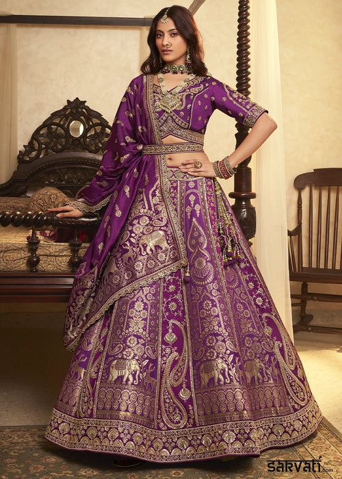 Plum Purple Zari Woven Banarasi Silk Lehenga Choli with Traditional Motifs