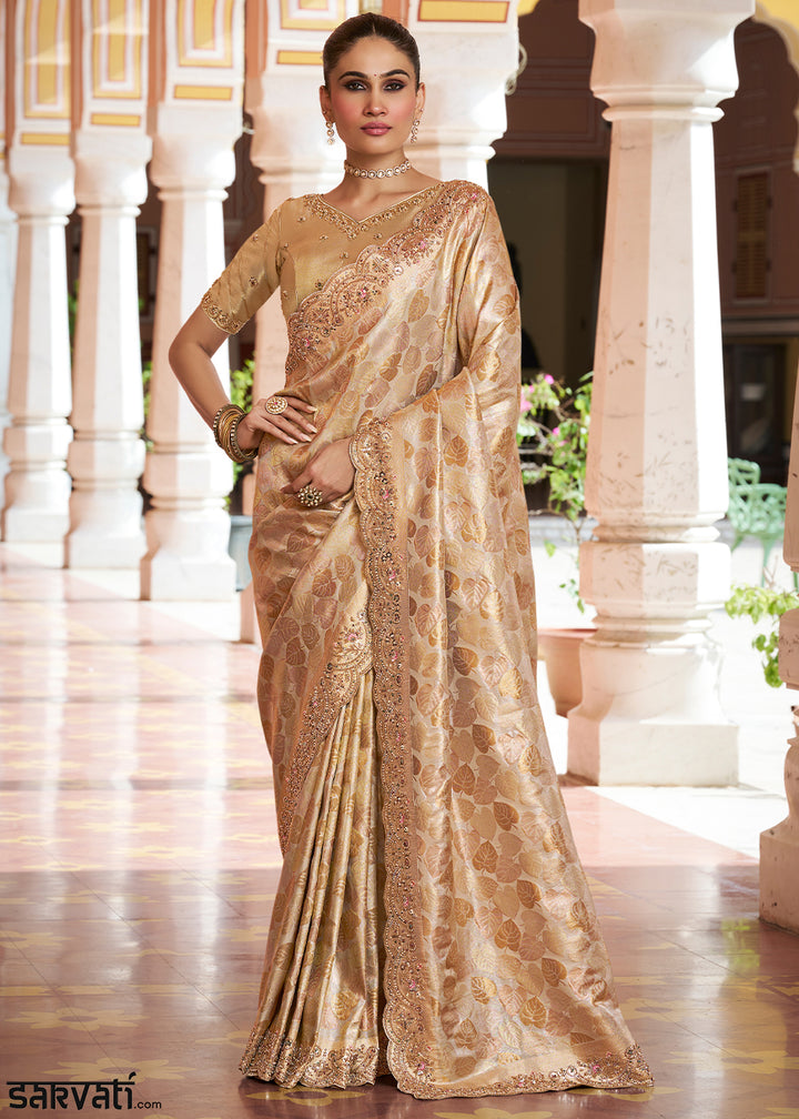Champagne Beige Soft Kanjivaram Silk Wedding Saree with Sequin and Beadwork Border