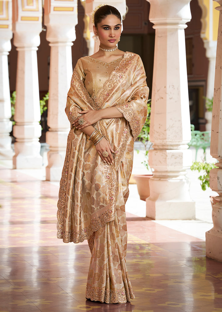 Champagne Beige Soft Kanjivaram Silk Wedding Saree with Sequin and Beadwork Border