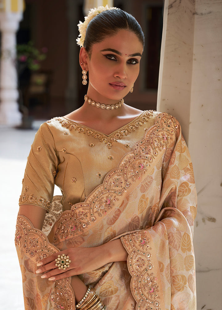 Champagne Beige Soft Kanjivaram Silk Wedding Saree with Sequin and Beadwork Border