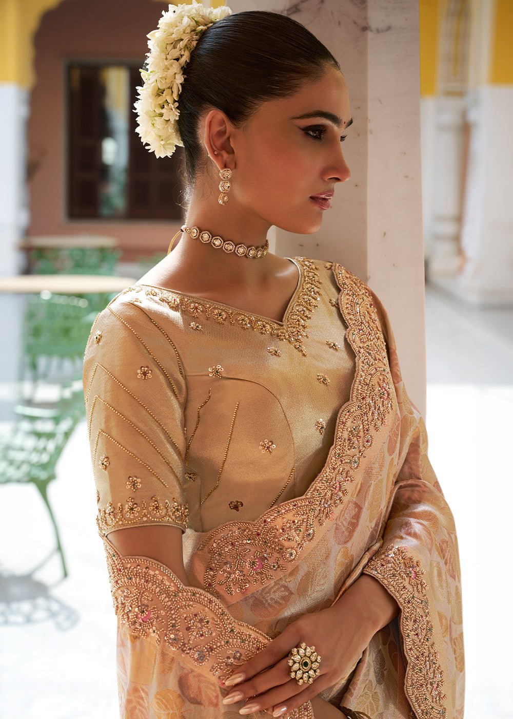 Champagne Beige Soft Kanjivaram Silk Wedding Saree with Sequin and Beadwork Border