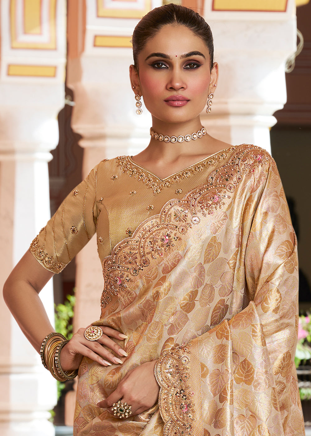 Champagne Beige Soft Kanjivaram Silk Wedding Saree with Sequin and Beadwork Border