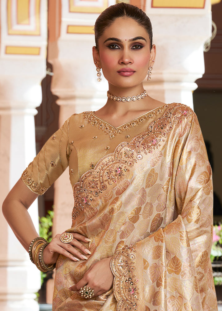 Champagne Beige Soft Kanjivaram Silk Wedding Saree with Sequin and Beadwork Border