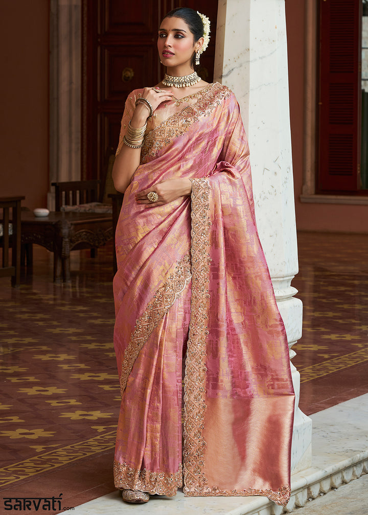 Peach Pink Soft Kanjivaram Silk Wedding Saree with Sequin and Beadwork Border