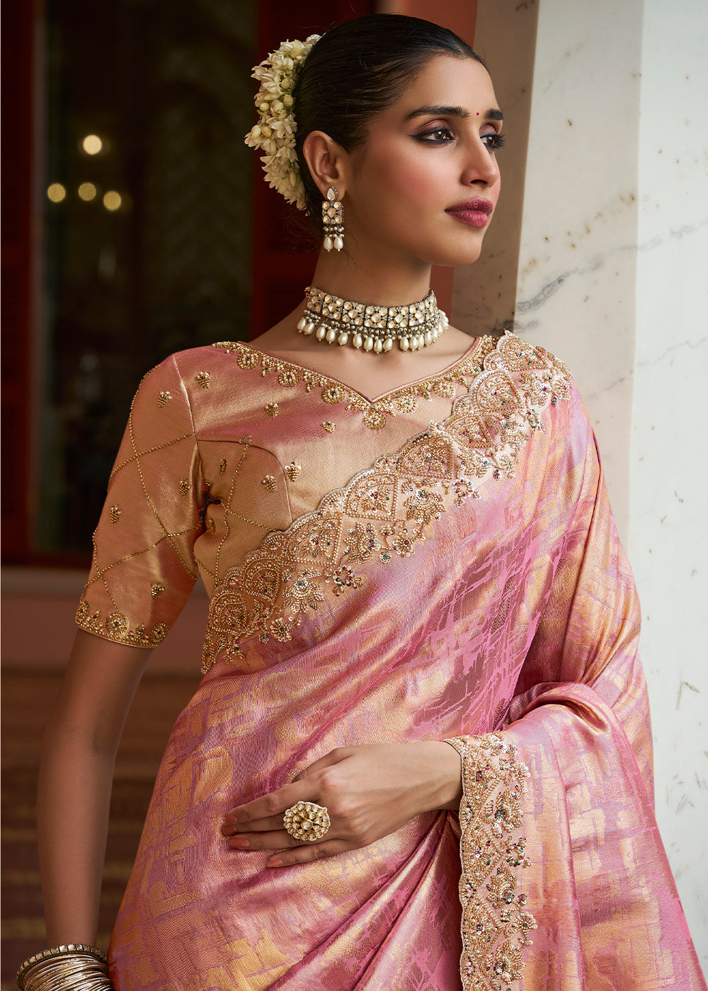 Peach Pink Soft Kanjivaram Silk Wedding Saree with Sequin and Beadwork Border