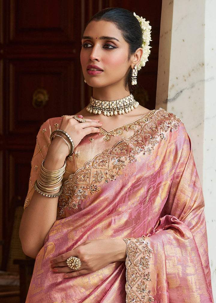 Peach Pink Soft Kanjivaram Silk Wedding Saree with Sequin and Beadwork Border