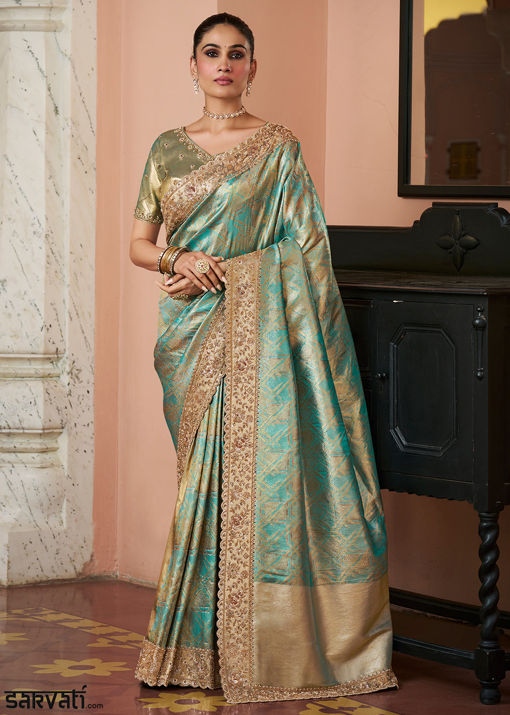 Turquoise Blue &  Gold Two-Tone Soft Kanjivaram Silk Wedding Saree with Sequin and Beadwork Border
