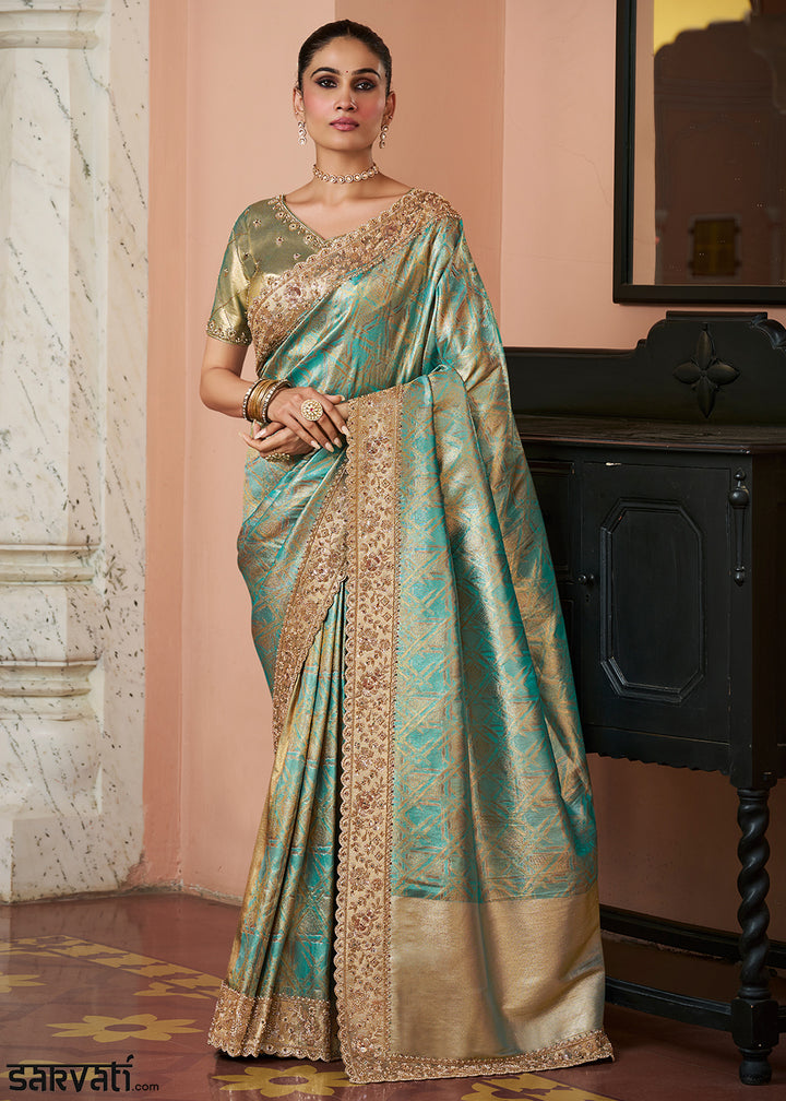 Turquoise Blue &  Gold Two-Tone Soft Kanjivaram Silk Wedding Saree with Sequin and Beadwork Border