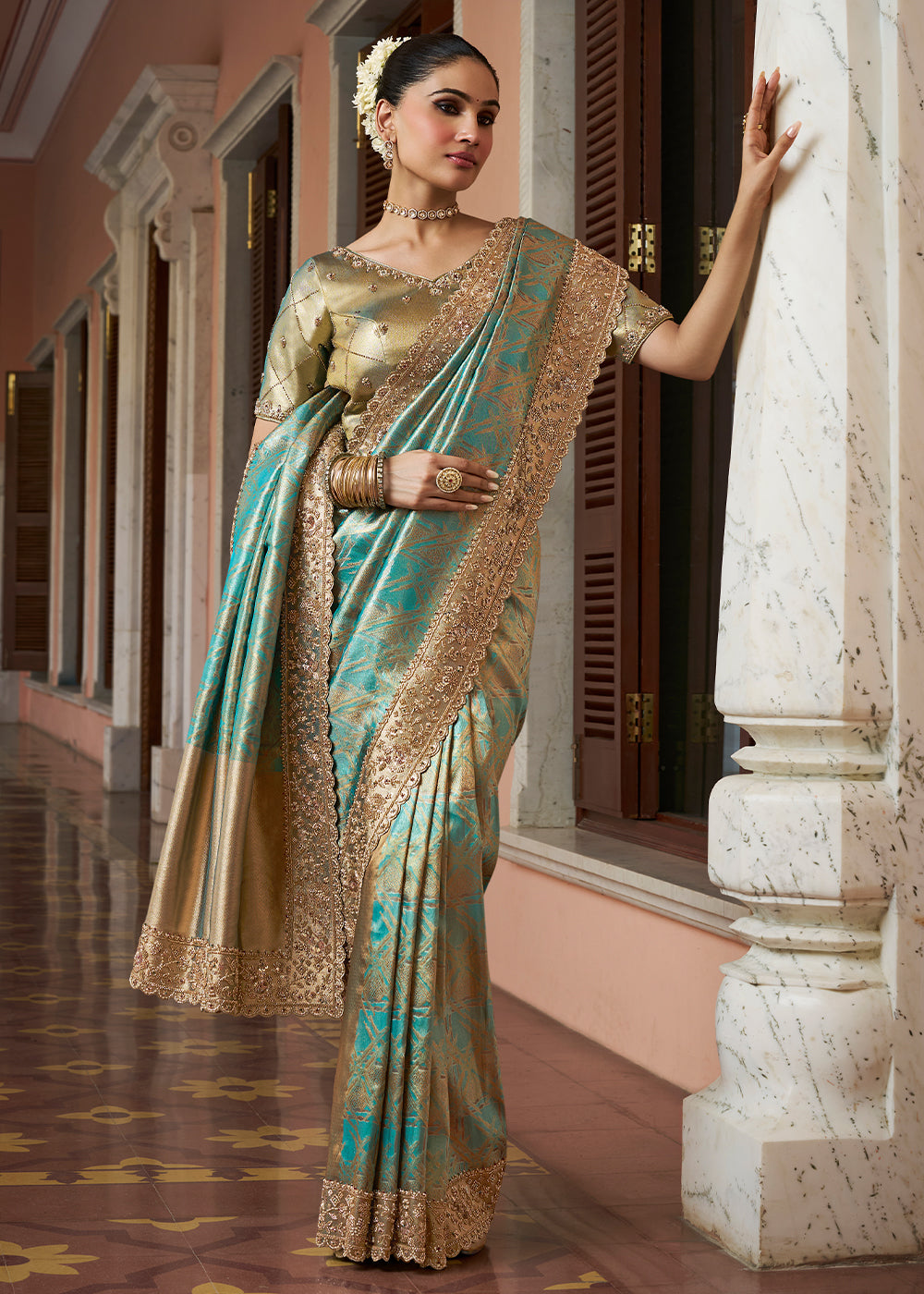 Turquoise Blue &  Gold Two-Tone Soft Kanjivaram Silk Wedding Saree with Sequin and Beadwork Border