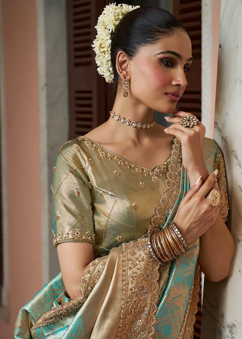 Turquoise Blue &  Gold Two-Tone Soft Kanjivaram Silk Wedding Saree with Sequin and Beadwork Border
