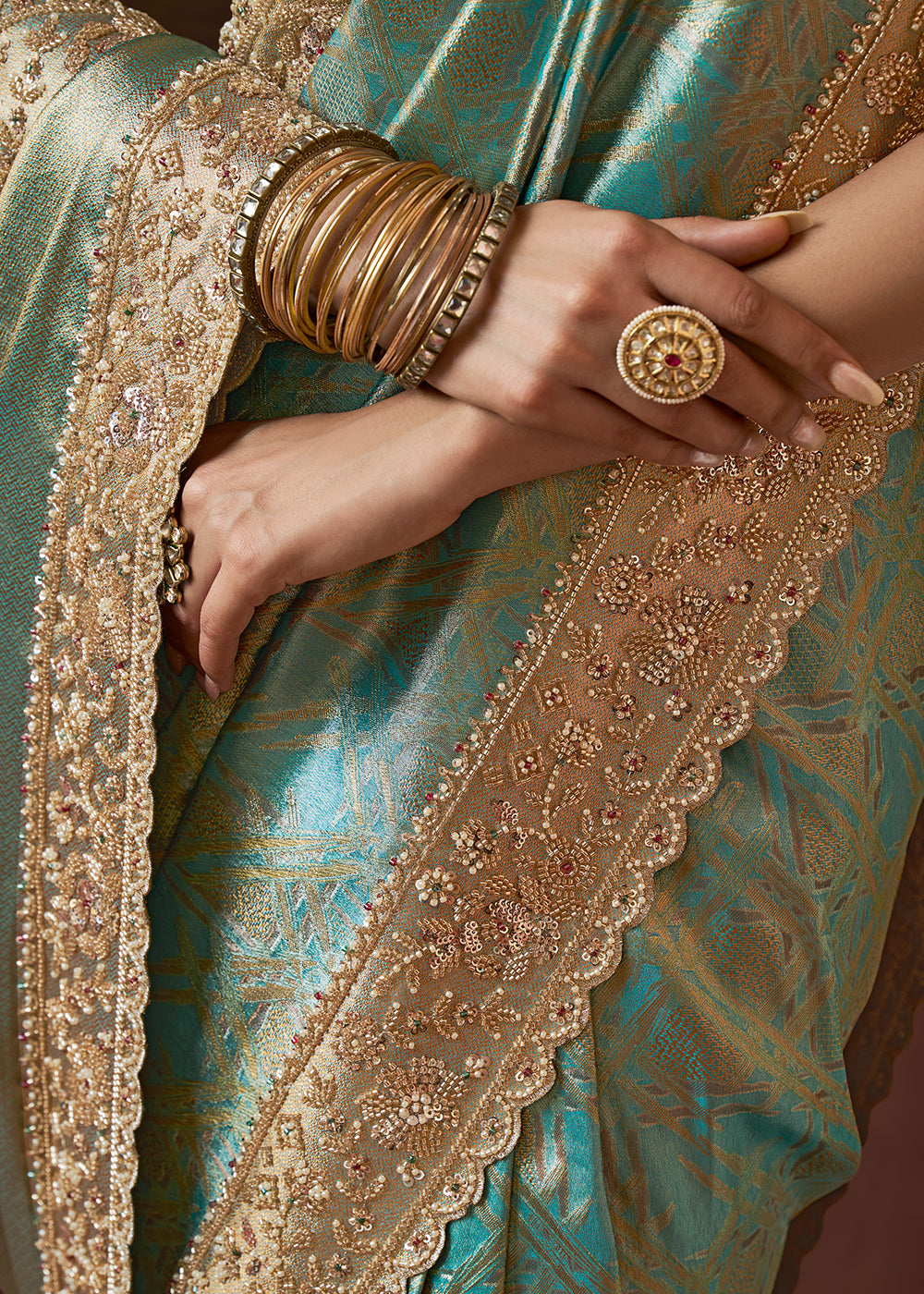 Turquoise Blue &  Gold Two-Tone Soft Kanjivaram Silk Wedding Saree with Sequin and Beadwork Border