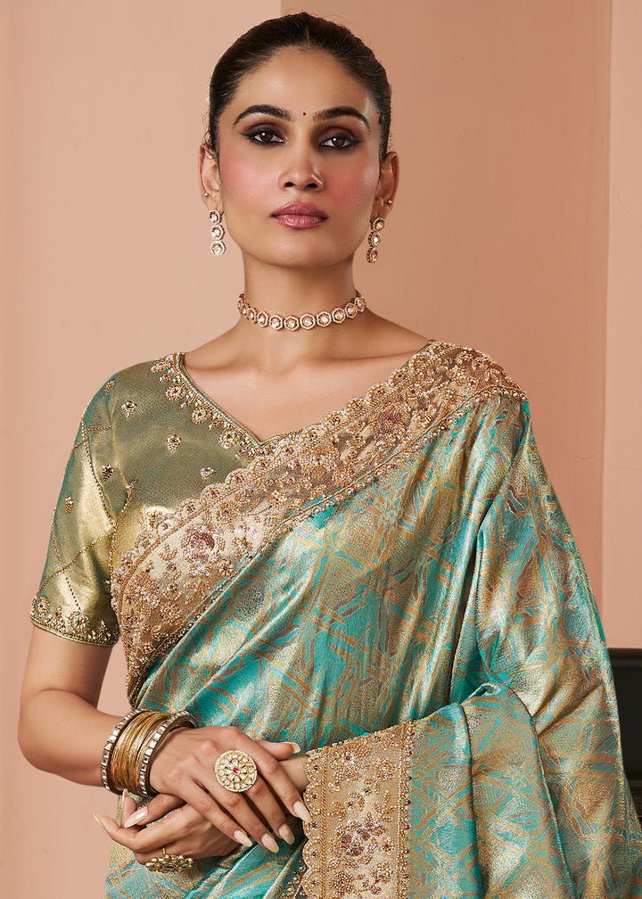 Turquoise Blue &  Gold Two-Tone Soft Kanjivaram Silk Wedding Saree with Sequin and Beadwork Border