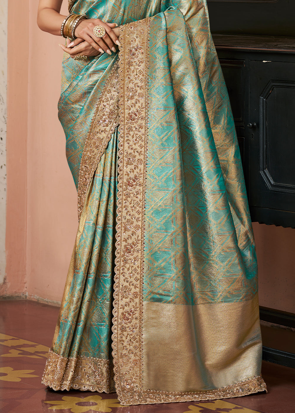 Turquoise Blue &  Gold Two-Tone Soft Kanjivaram Silk Wedding Saree with Sequin and Beadwork Border