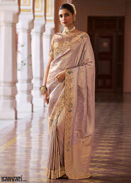 Thistle Purple & Gold Two-Tone Soft Silk Wedding Saree with Sequin , Beadwork Border