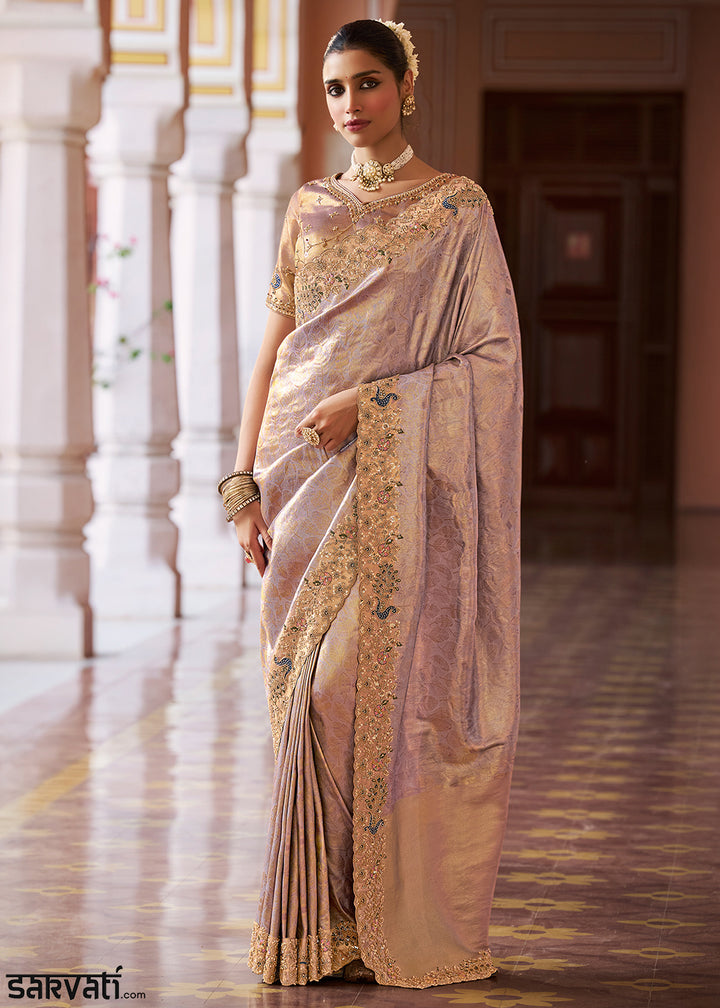 Thistle Purple & Gold Two-Tone Soft Silk Wedding Saree with Sequin , Beadwork Border