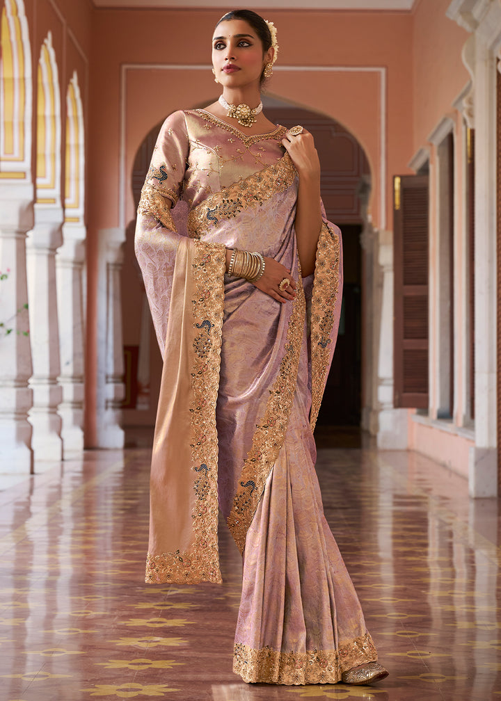 Thistle Purple & Gold Two-Tone Soft Silk Wedding Saree with Sequin , Beadwork Border