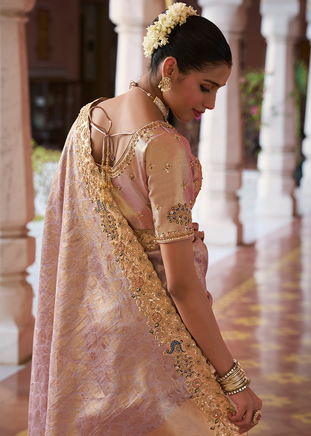 Thistle Purple & Gold Two-Tone Soft Silk Wedding Saree with Sequin , Beadwork Border