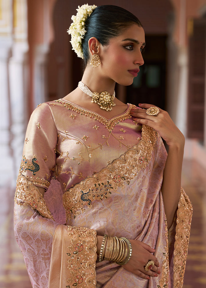 Thistle Purple & Gold Two-Tone Soft Silk Wedding Saree with Sequin , Beadwork Border