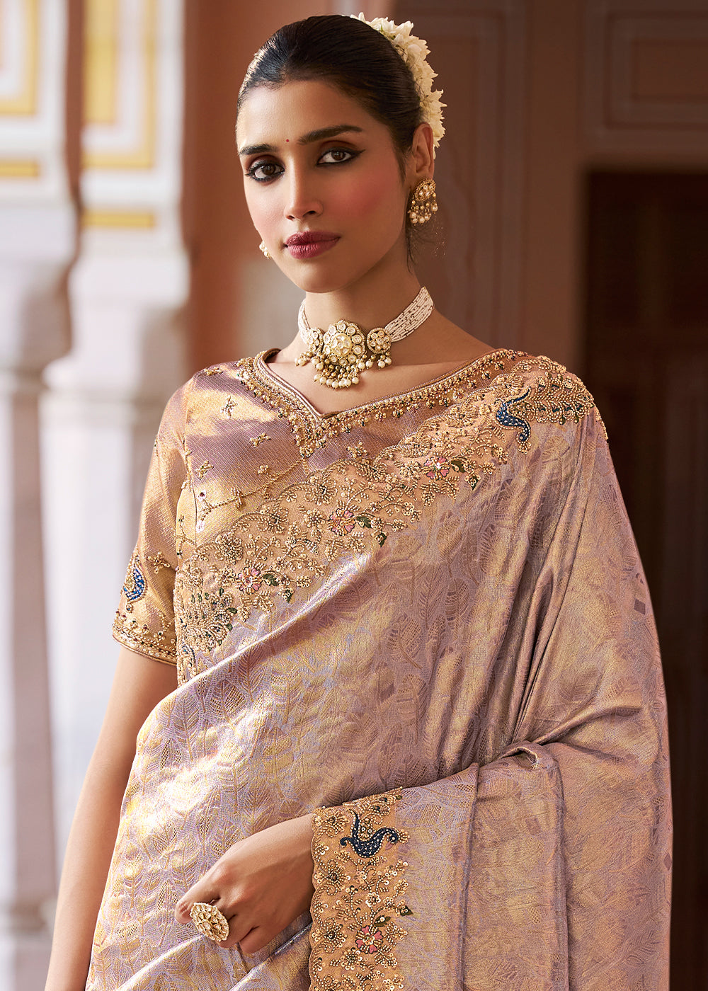 Thistle Purple & Gold Two-Tone Soft Silk Wedding Saree with Sequin , Beadwork Border