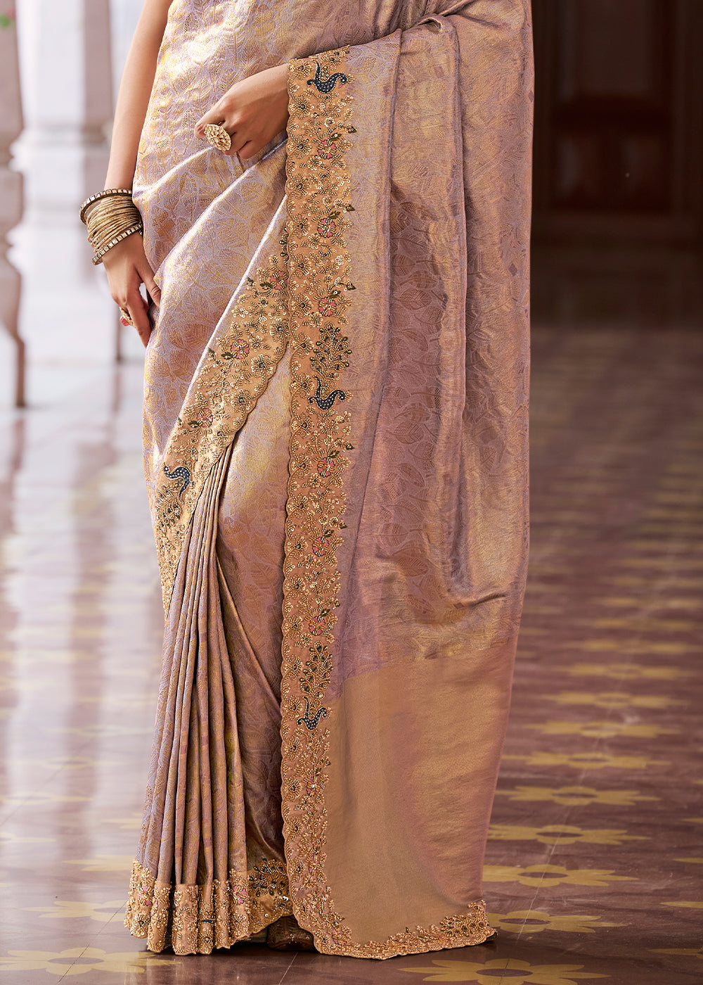 Thistle Purple & Gold Two-Tone Soft Silk Wedding Saree with Sequin , Beadwork Border