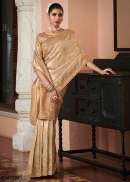 Champagne Brown & Gold Two-Tone Soft Silk Wedding Saree with Sequin & Beadwork Border