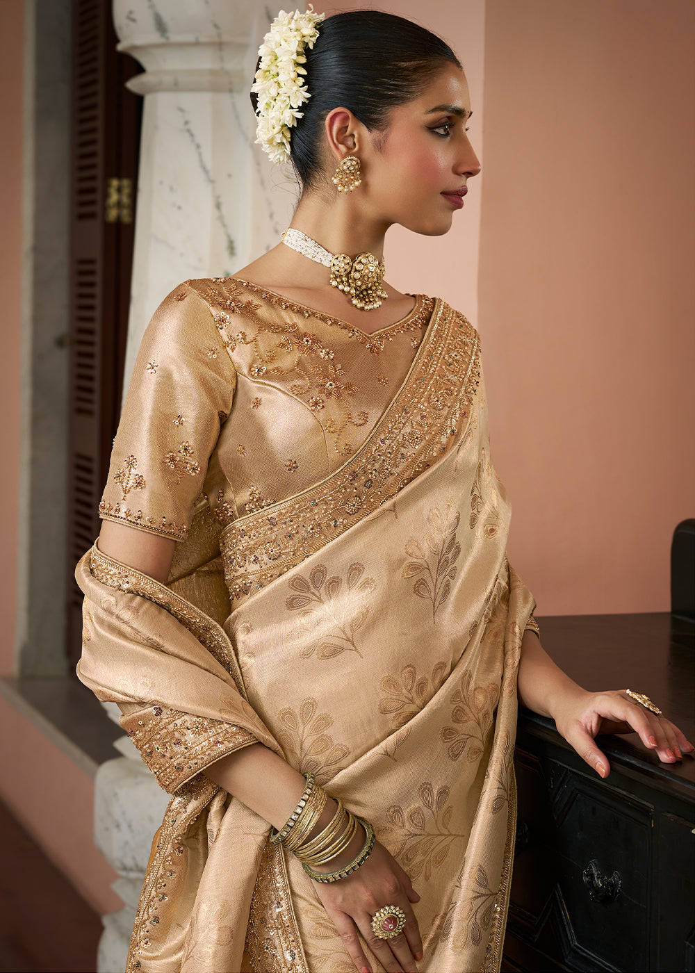 Champagne Brown & Gold Two-Tone Soft Silk Wedding Saree with Sequin & Beadwork Border