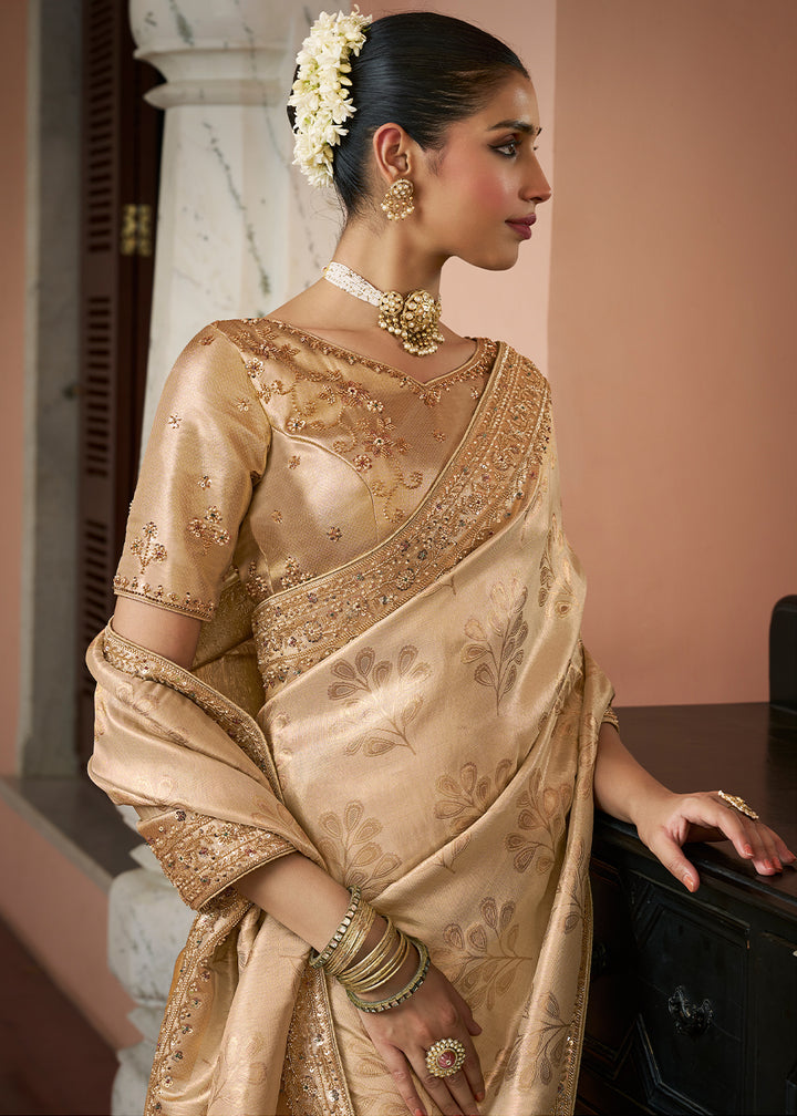 Champagne Brown & Gold Two-Tone Soft Silk Wedding Saree with Sequin & Beadwork Border