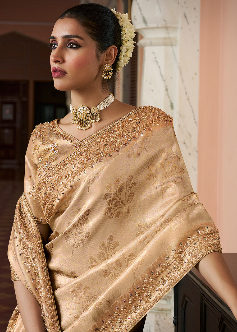 Champagne Brown & Gold Two-Tone Soft Silk Wedding Saree with Sequin & Beadwork Border