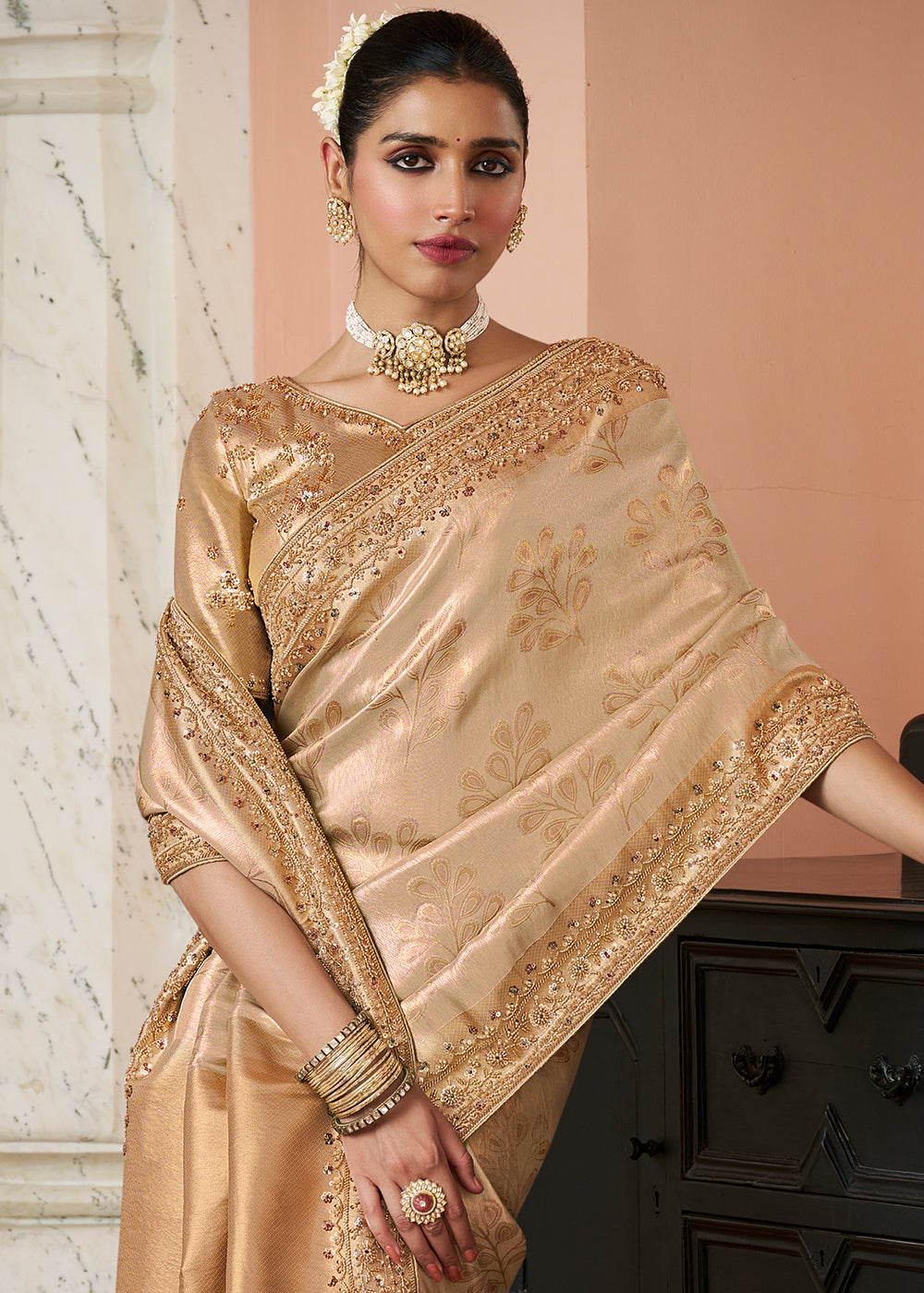 Champagne Brown & Gold Two-Tone Soft Silk Wedding Saree with Sequin & Beadwork Border
