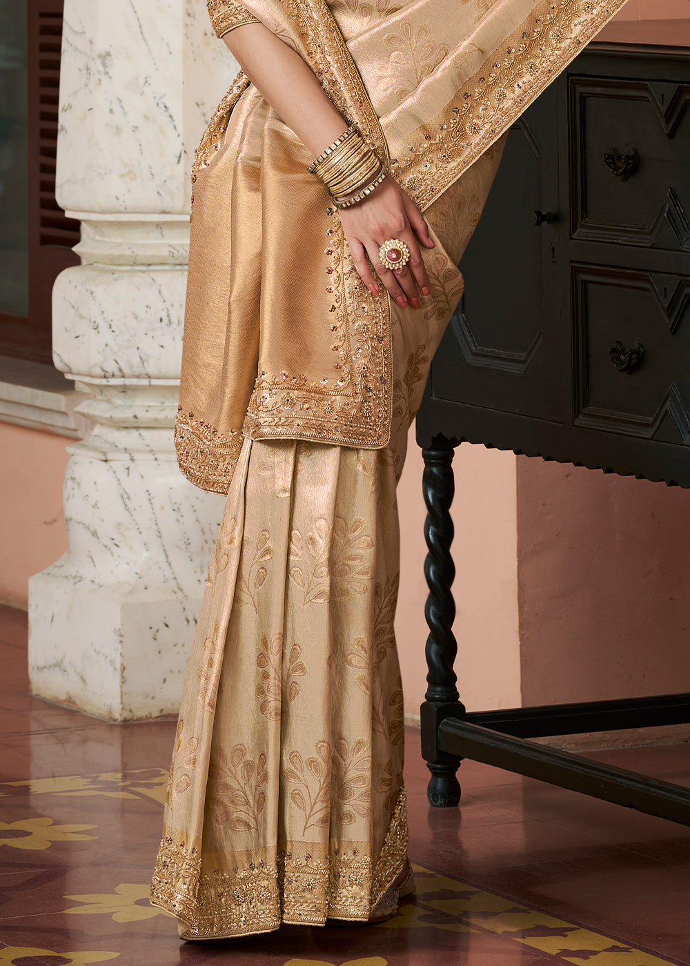 Champagne Brown & Gold Two-Tone Soft Silk Wedding Saree with Sequin & Beadwork Border