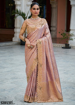 Mauve Pink and Gold-Tone Soft Silk Wedding Saree with Sequin & Beadwork Border