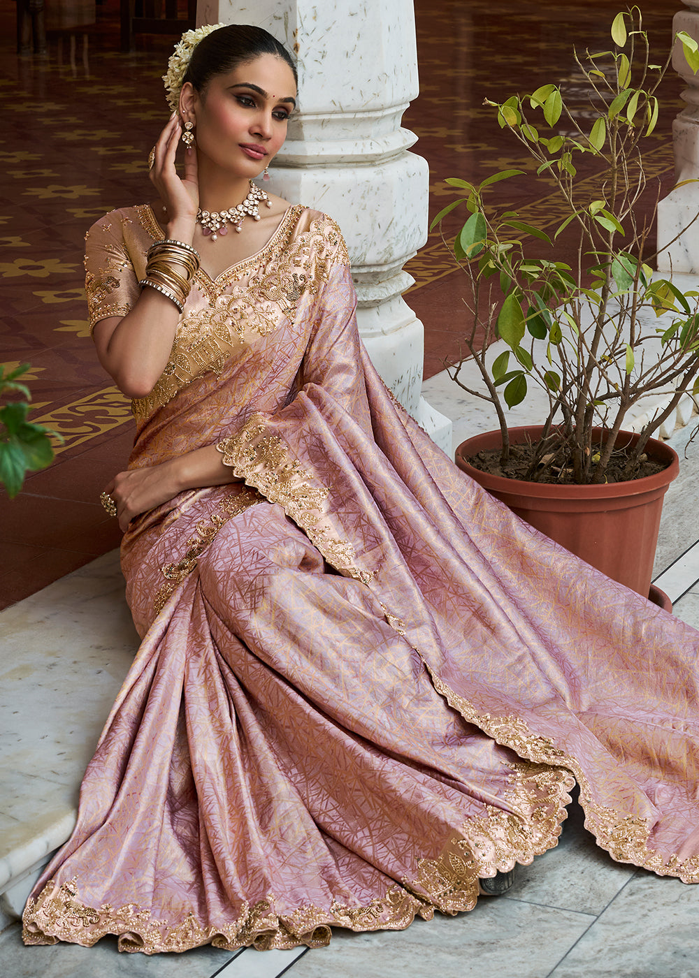Mauve Pink and Gold-Tone Soft Silk Wedding Saree with Sequin & Beadwork Border
