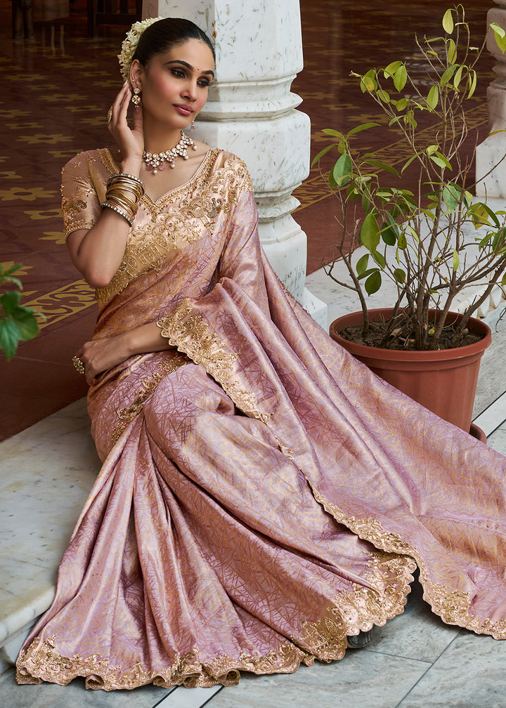 Mauve Pink and Gold-Tone Soft Silk Wedding Saree with Sequin & Beadwork Border