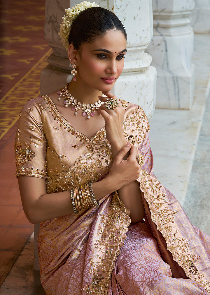 Mauve Pink and Gold-Tone Soft Silk Wedding Saree with Sequin & Beadwork Border