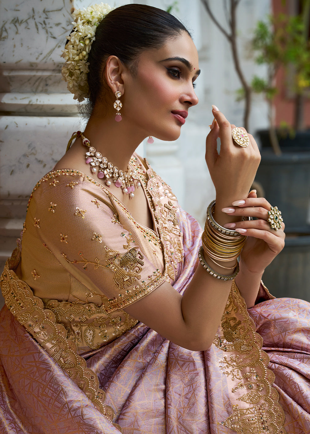 Mauve Pink and Gold-Tone Soft Silk Wedding Saree with Sequin & Beadwork Border