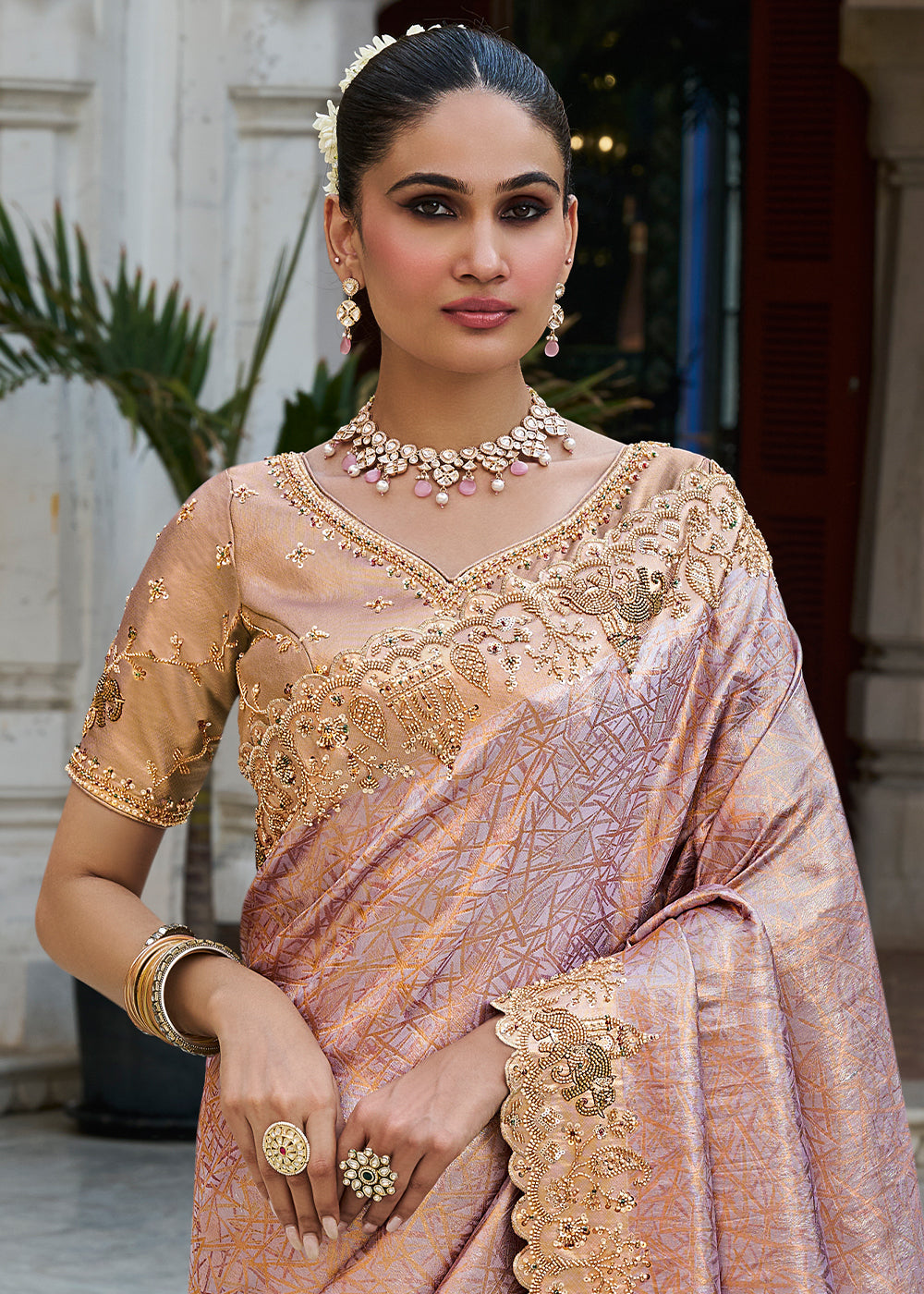 Mauve Pink and Gold-Tone Soft Silk Wedding Saree with Sequin & Beadwork Border