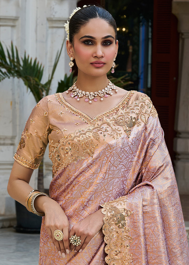 Mauve Pink and Gold-Tone Soft Silk Wedding Saree with Sequin & Beadwork Border