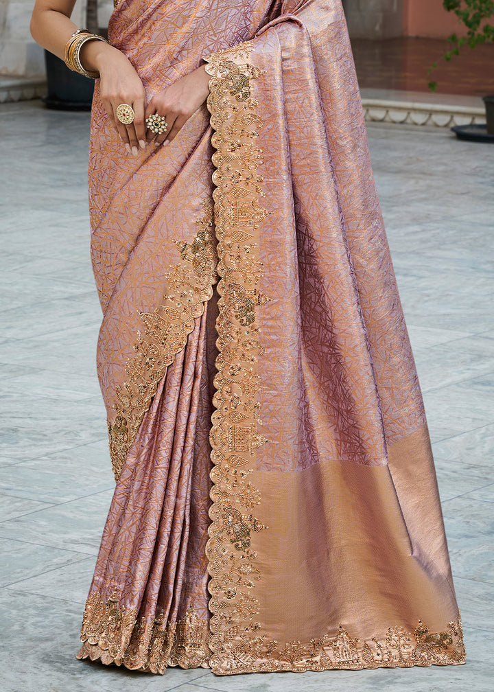 Mauve Pink and Gold-Tone Soft Silk Wedding Saree with Sequin & Beadwork Border