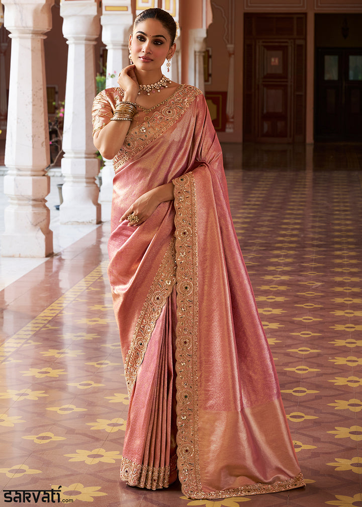 Dusty Rose Pink and Gold-Tone Soft Silk Wedding Saree with Sequin and Beadwork Border