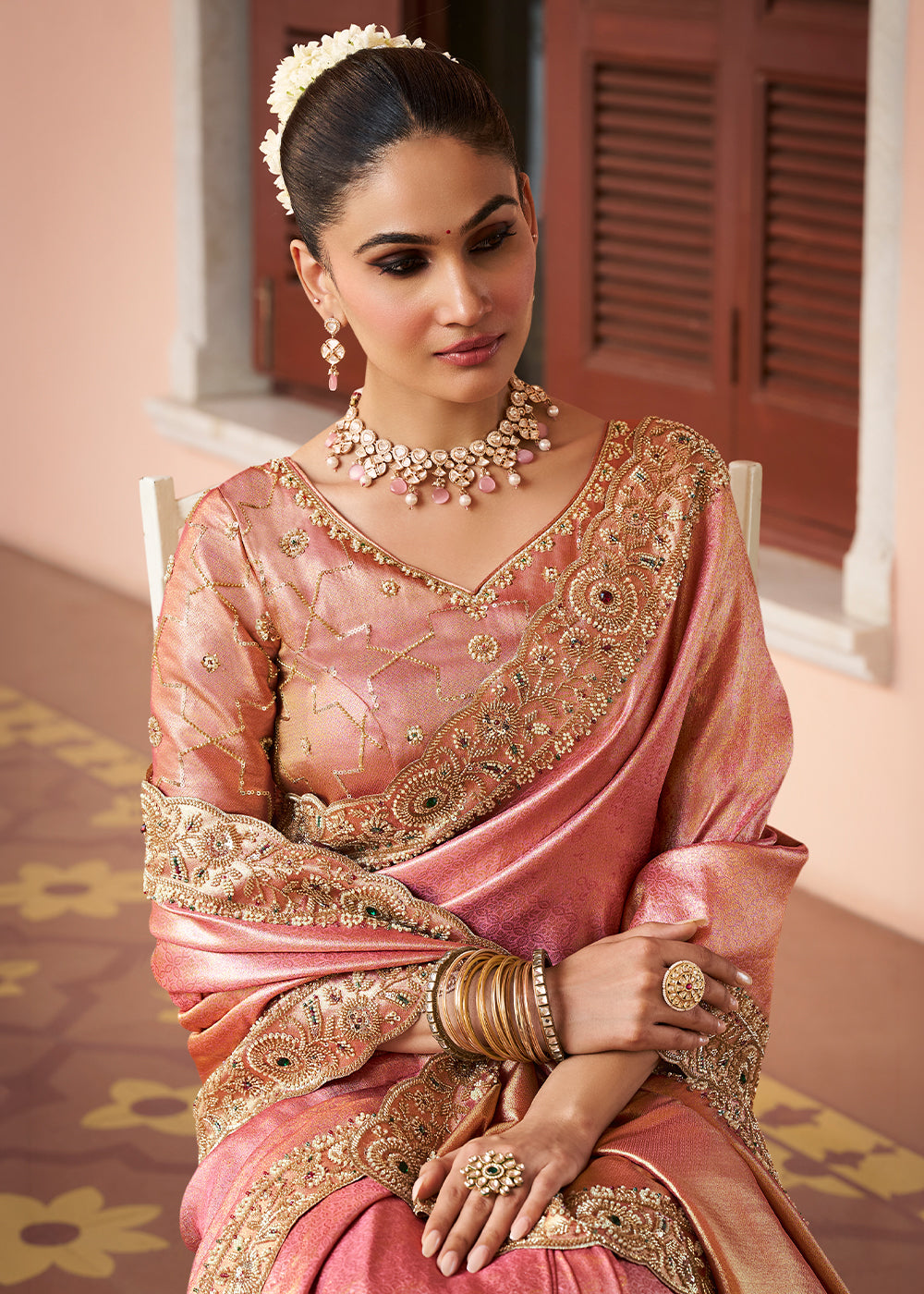 Dusty Rose Pink and Gold-Tone Soft Silk Wedding Saree with Sequin and Beadwork Border