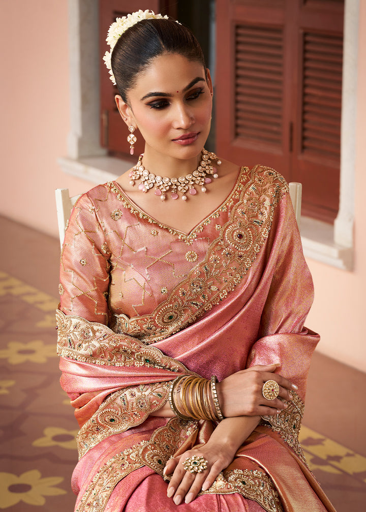 Dusty Rose Pink and Gold-Tone Soft Silk Wedding Saree with Sequin and Beadwork Border
