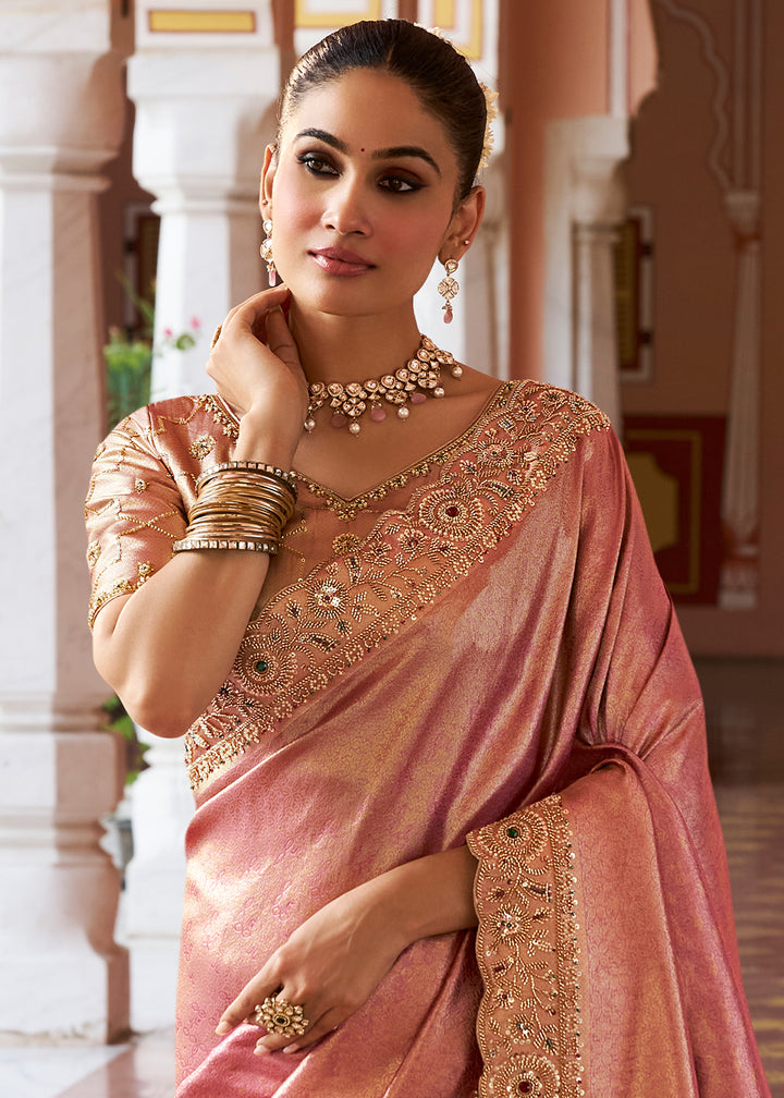 Dusty Rose Pink and Gold-Tone Soft Silk Wedding Saree with Sequin and Beadwork Border