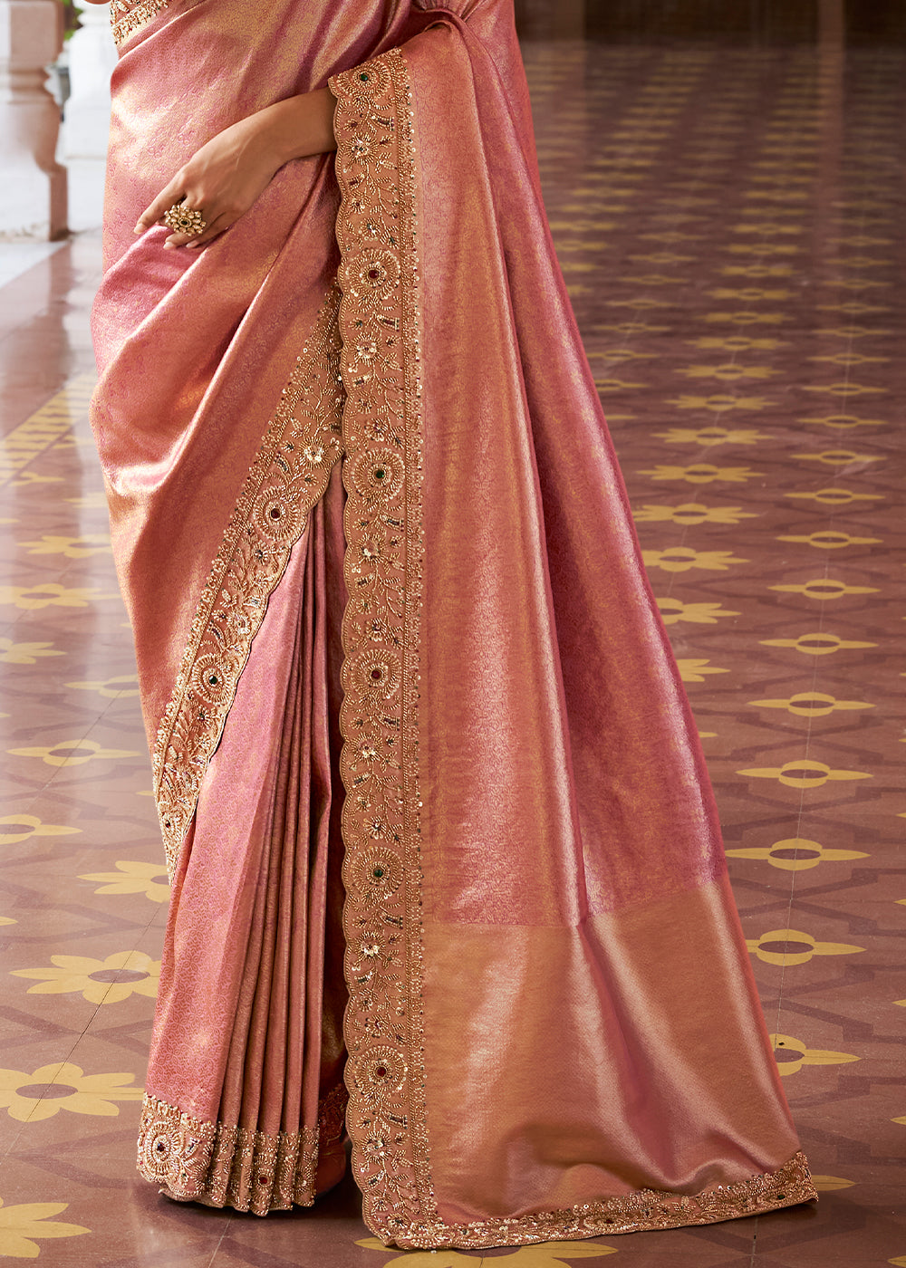 Dusty Rose Pink and Gold-Tone Soft Silk Wedding Saree with Sequin and Beadwork Border