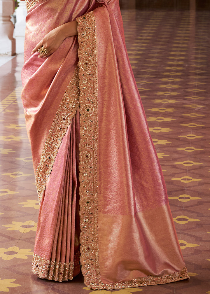 Dusty Rose Pink and Gold-Tone Soft Silk Wedding Saree with Sequin and Beadwork Border