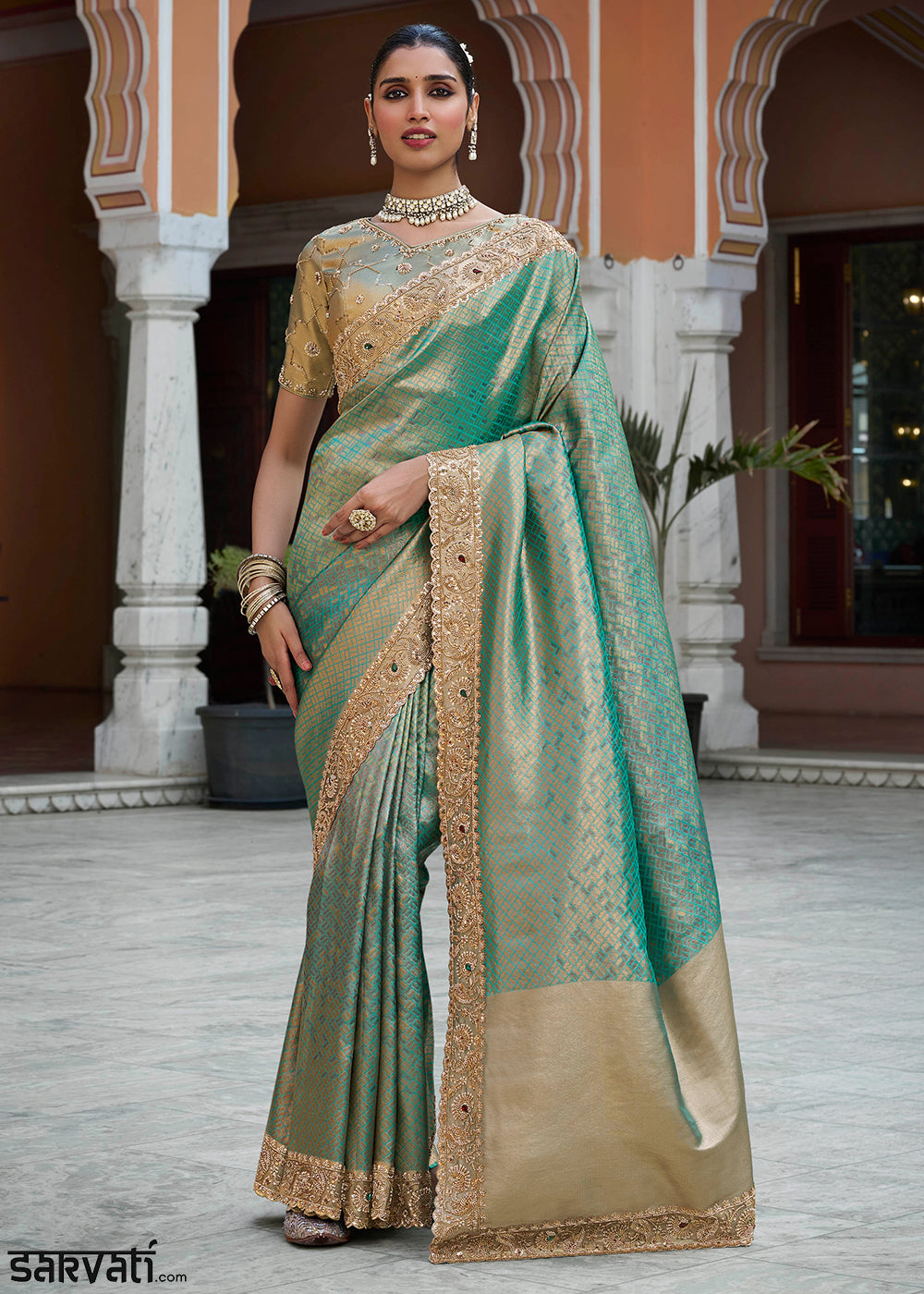 Turquoise Blue and Gold-Tone Soft Silk Wedding Saree with Sequin and Beadwork Border