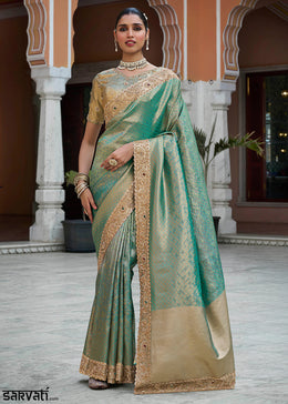 Turquoise Blue and Gold-Tone Soft Silk Wedding Saree with Sequin and Beadwork Border