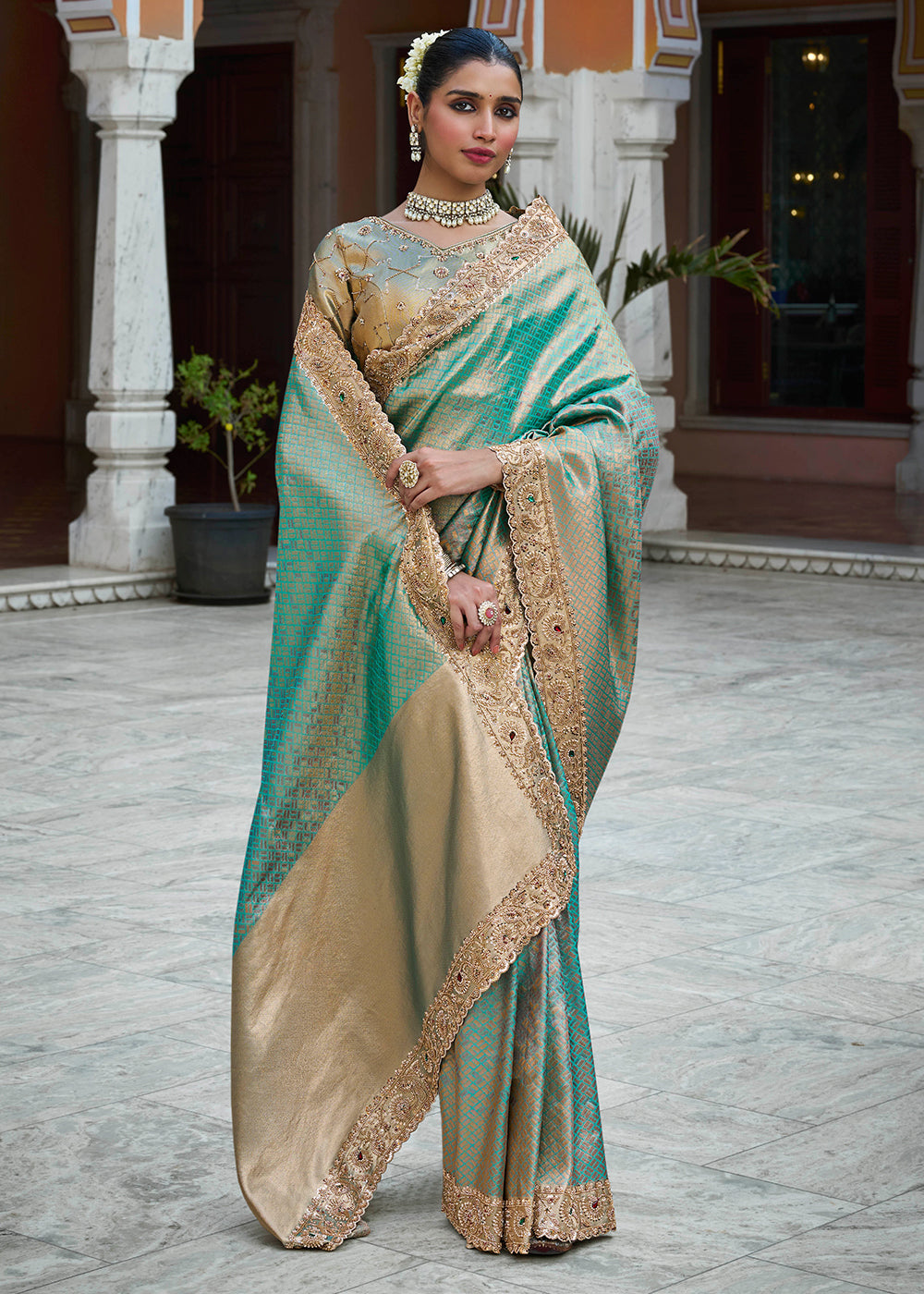 Turquoise Blue and Gold-Tone Soft Silk Wedding Saree with Sequin and Beadwork Border