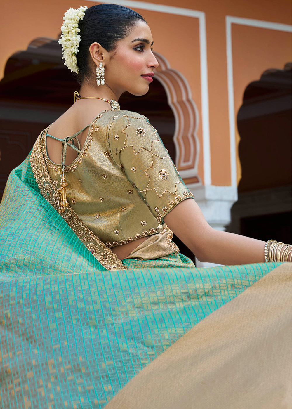Turquoise Blue and Gold-Tone Soft Silk Wedding Saree with Sequin and Beadwork Border