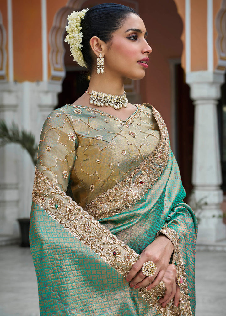 Turquoise Blue and Gold-Tone Soft Silk Wedding Saree with Sequin and Beadwork Border