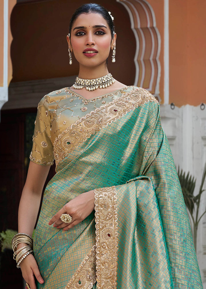 Turquoise Blue and Gold-Tone Soft Silk Wedding Saree with Sequin and Beadwork Border